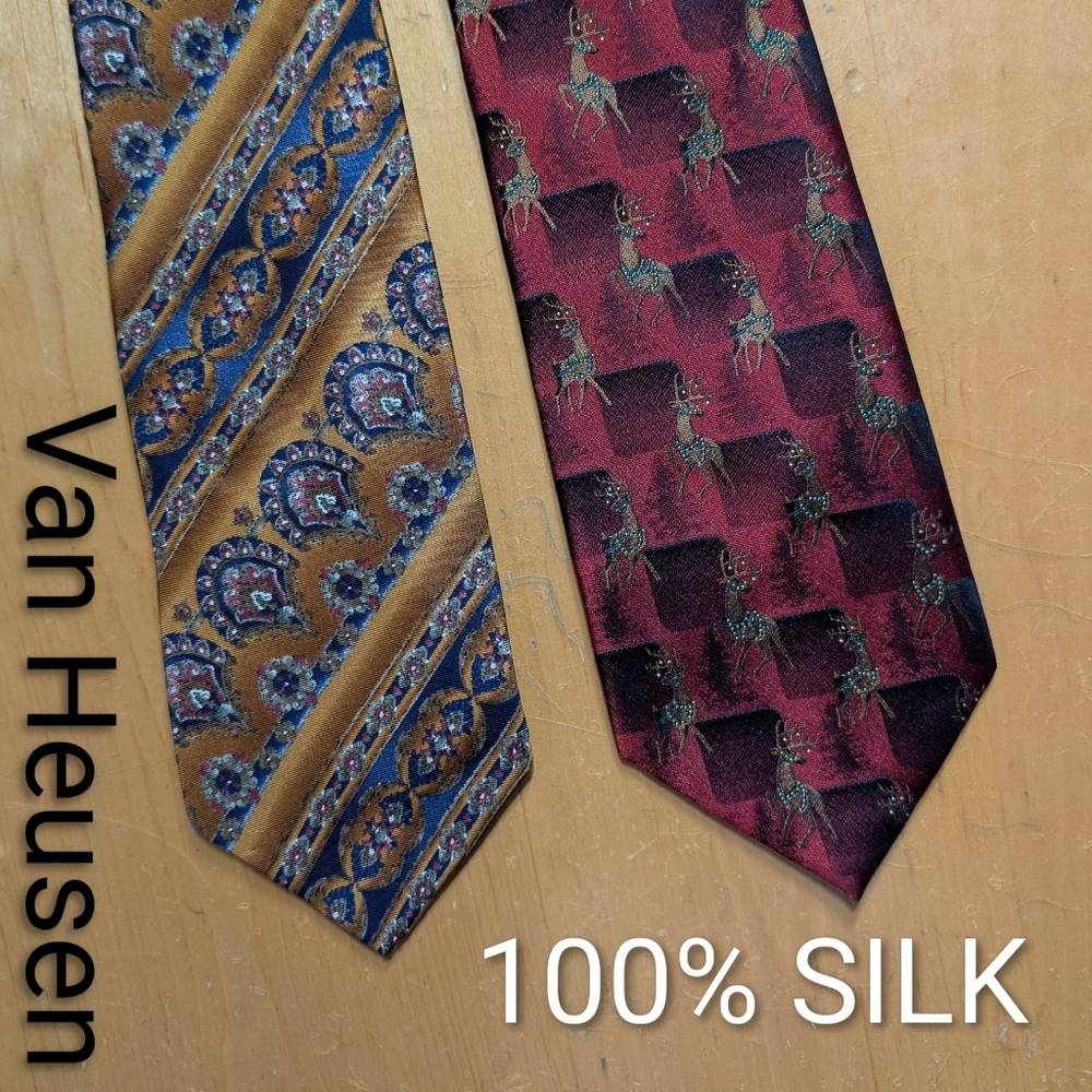 Christmas Reindeer Tie by Van Heusen + Gold/Navy Blue Tie 100% Silk 2/$20 OBO